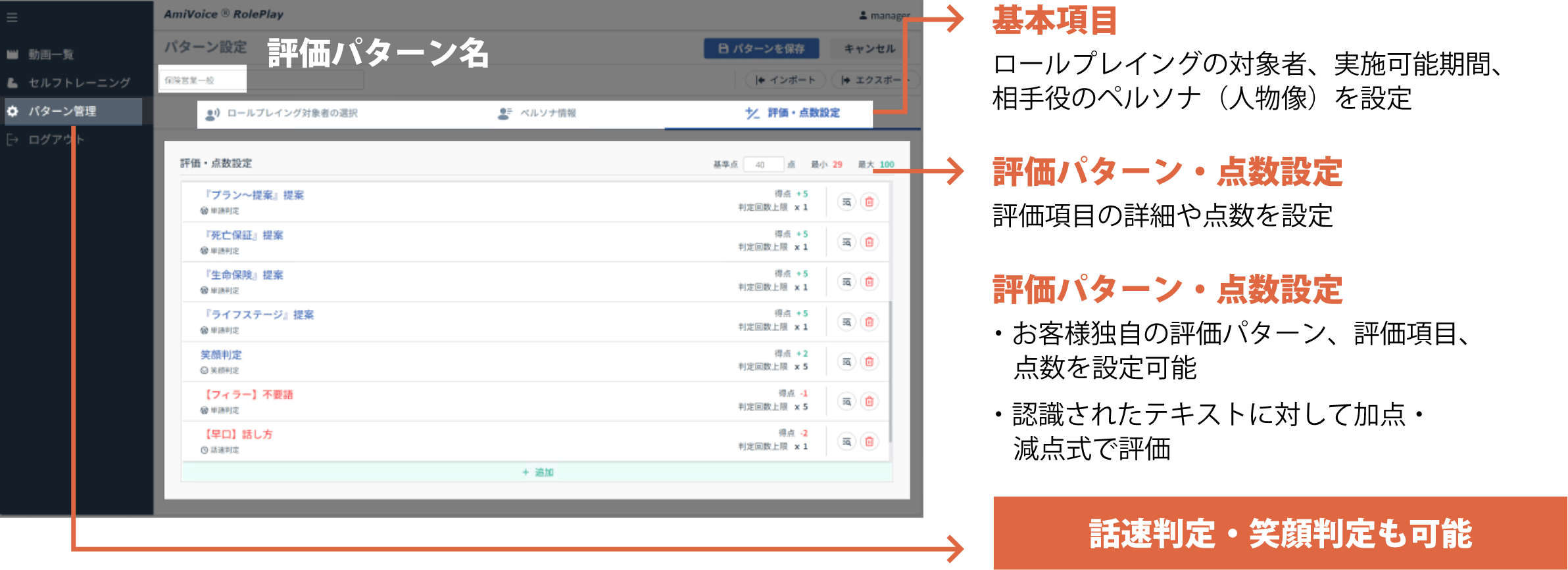 動画内の相手役に対してセルフトレーニングを行い、AIが自動採点