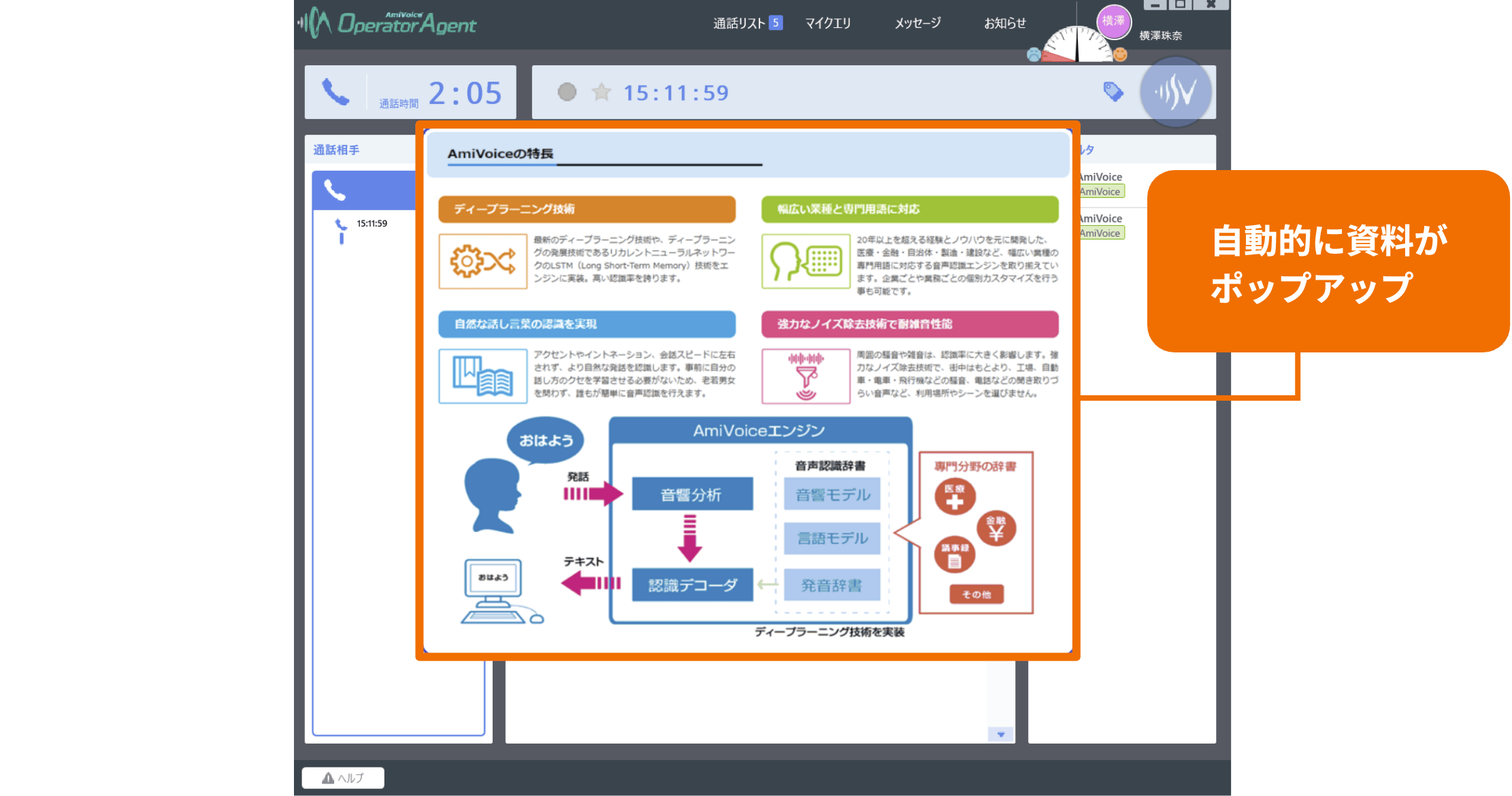 キーワードスポッティングで資料を自動ポップアップ