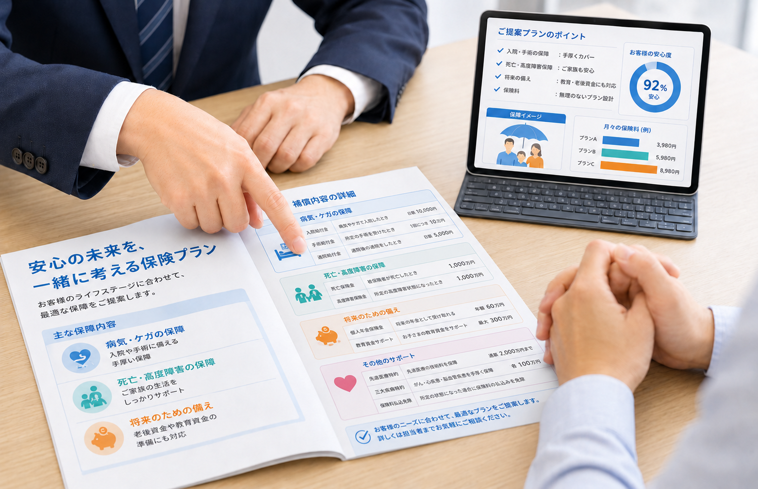 資料を使って商品説明をする様子