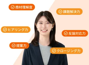 商材理解度・ヒアリング力・提案力・課題解決力・反論対応力・クロージング力などのチェック項目に囲まれた女性