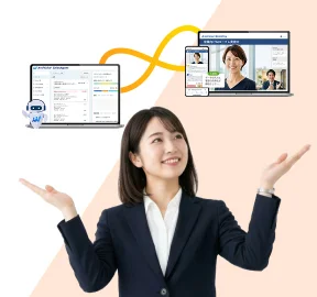 AmiVoice SalesAgentとAmiVoice RolePlayの連携を示すイラストと女性
